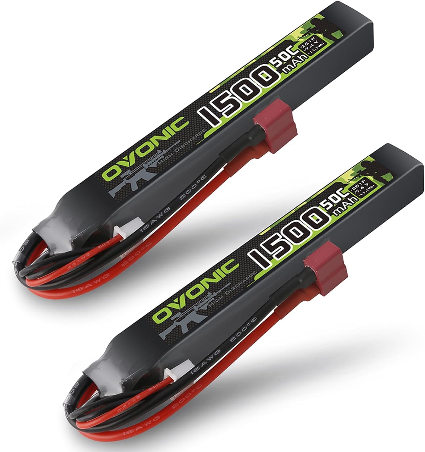 OVONIC 7.4V 1500mAh 2S 50C LiPo airsoft battery 2-pack, softcase with Deans T plug leads