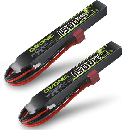 OVONIC 7.4V 1500mAh 2S 50C LiPo airsoft battery 2-pack, softcase with Deans T plug leads