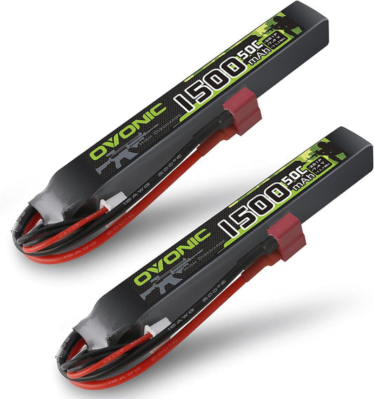OVONIC 7.4V 1500mAh 2S 50C LiPo airsoft battery 2-pack, softcase with Deans T plug leads