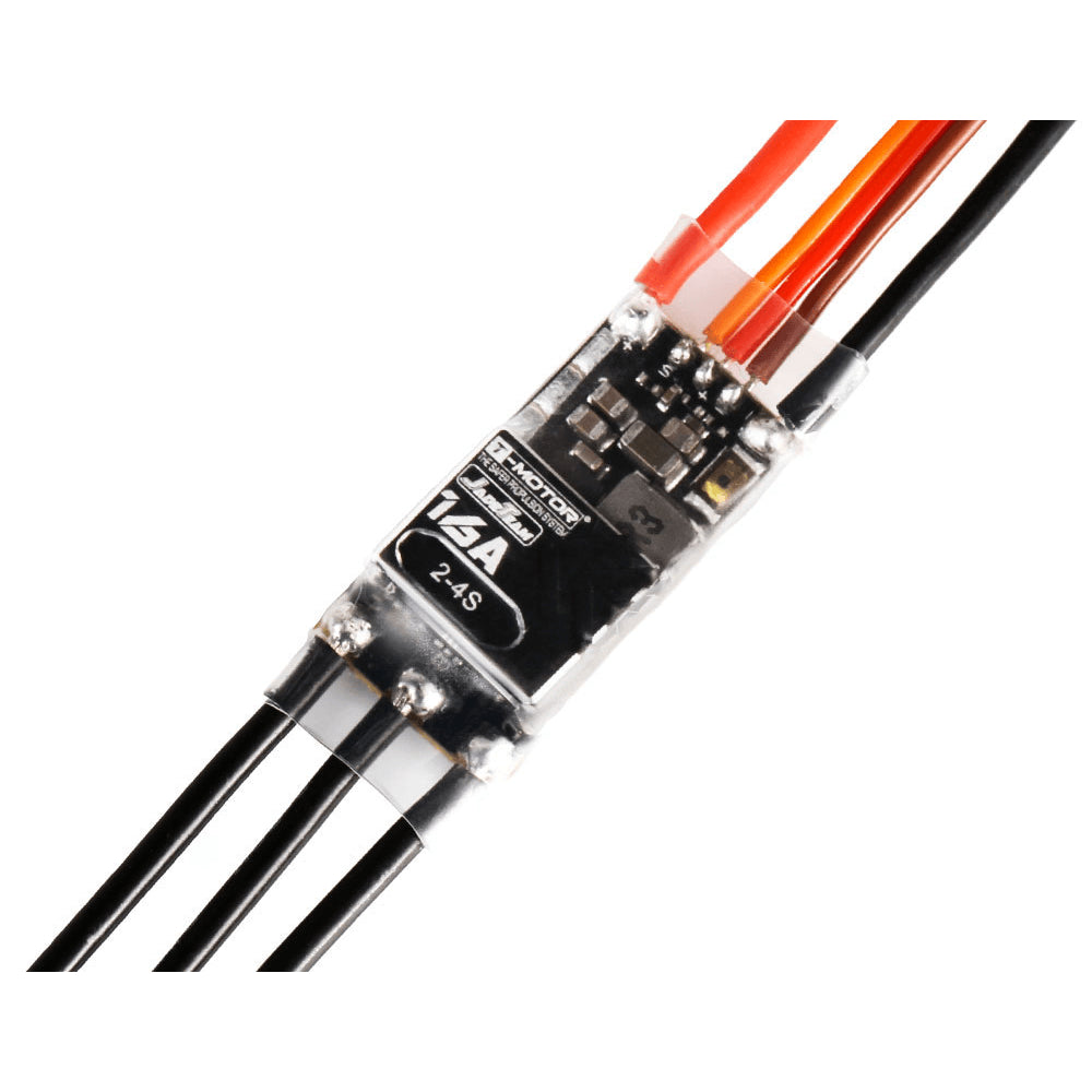 T-Motor AM16A ESC, T-Motor AM16A 16A brushless ESC with heat-shrink cover, 2–4S label, and pre-soldered power and motor wires