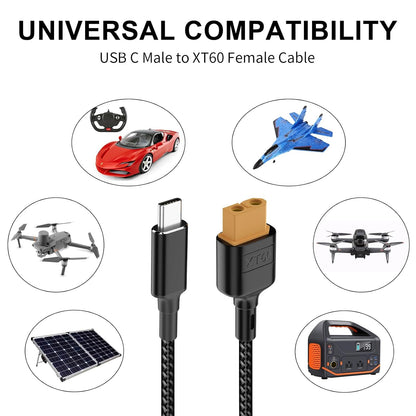 Type-C to XT60 Female Connector Charging Cable, Universal compatibility USB-C male to XT60 female cable for charging and data transfer.