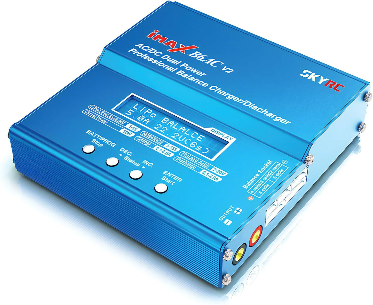 SkyRC iMAX B6AC V2 Balance Charger, SkyRC iMAX B6AC V2 blue AC/DC balance charger with LCD screen, control buttons, balance port and output terminals