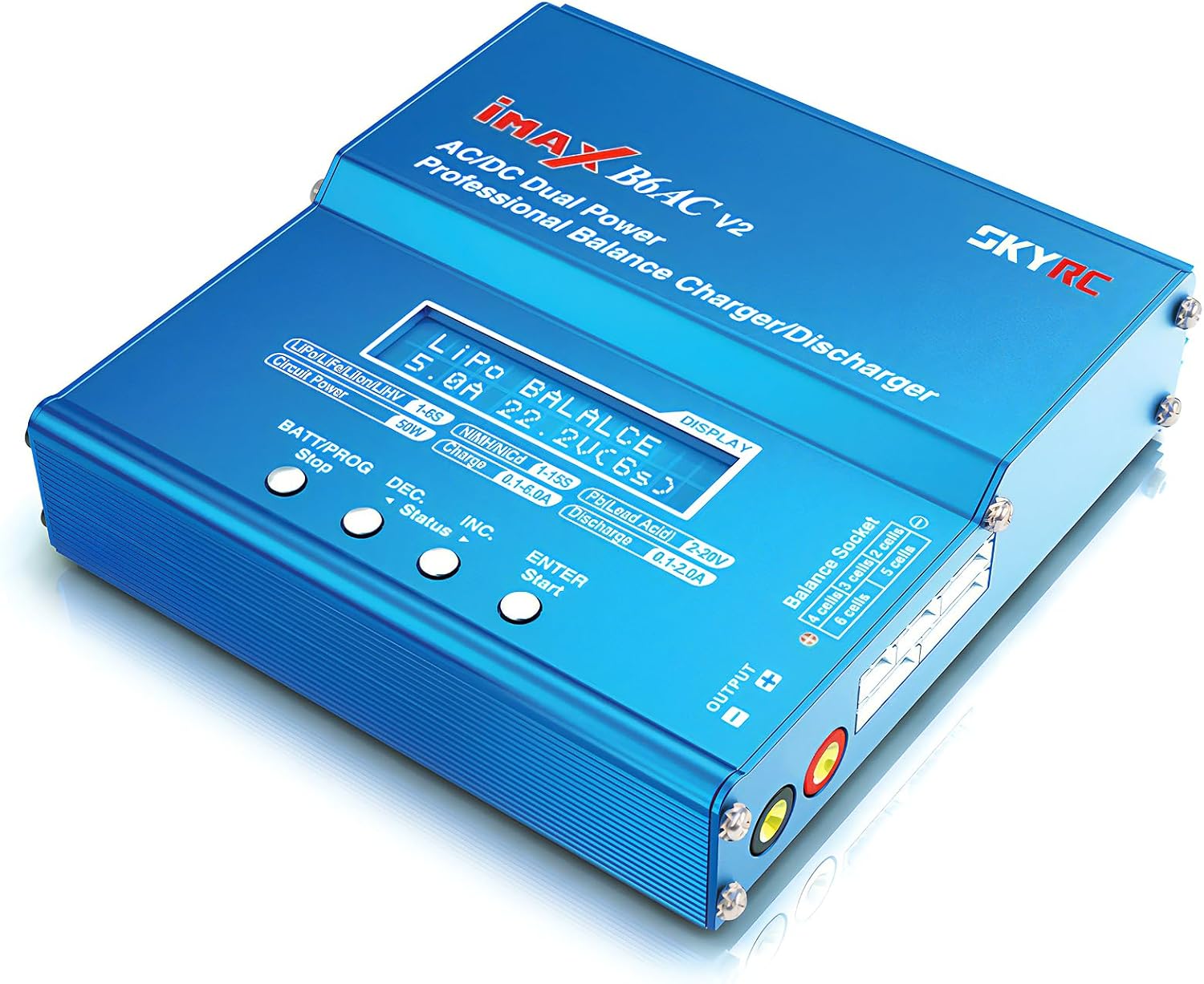 SkyRC iMAX B6AC V2 Balance Charger, SkyRC iMAX B6AC V2 blue AC/DC balance charger with LCD screen, control buttons, balance port and output terminals