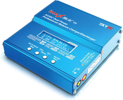 SkyRC iMAX B6AC V2 Balance Charger, SkyRC iMAX B6AC V2 blue AC/DC balance charger with LCD screen, control buttons, balance port and output terminals