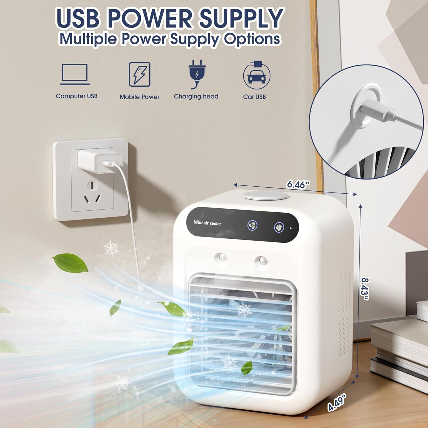 L7 Portable Mini Evaporative Air Cooler with 500ml Water Tank, Dual Mist Nozzles, 2 Speeds, USB Rechargeable 1800mAh Desktop Cooling Fan