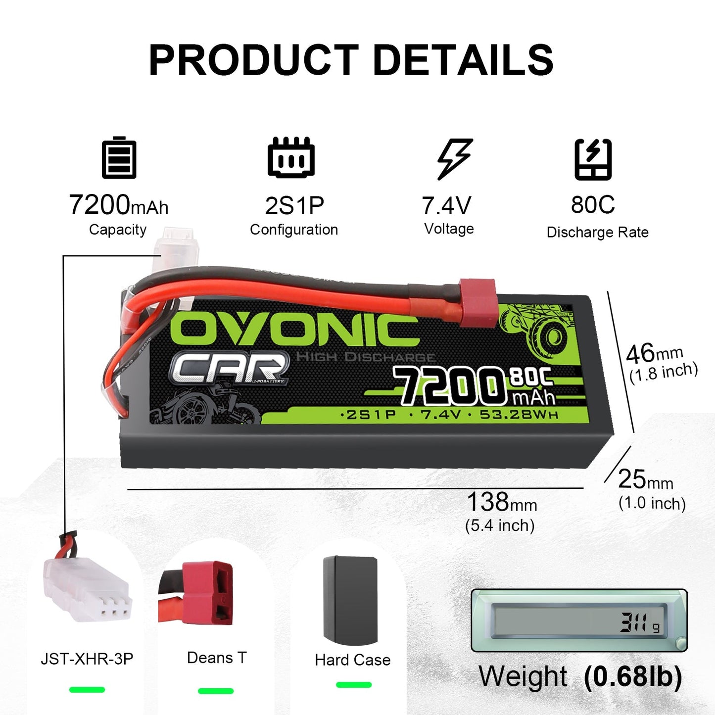 OVONIC 2S 7.4V 7200mAh 80C hardcase LiPo battery product details with size and weight chart