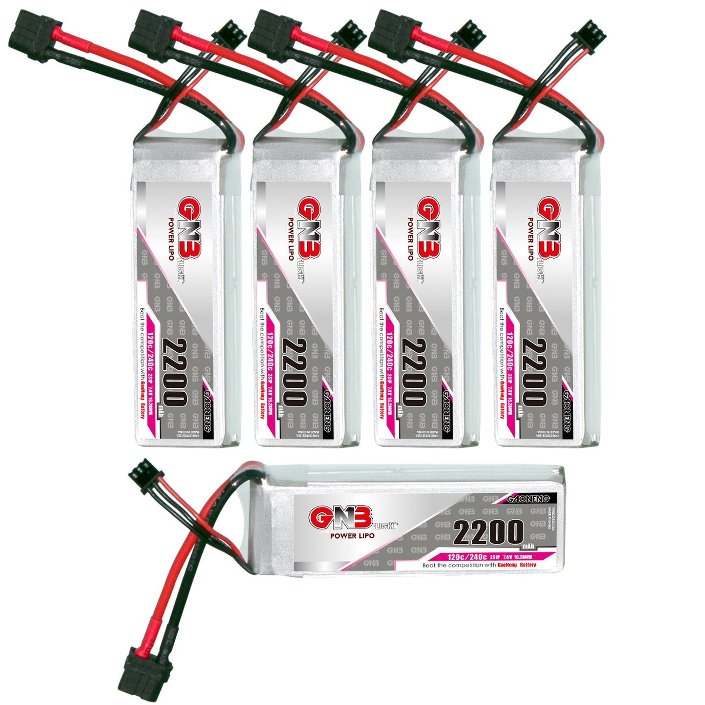 Set of five GNB 2200mAh LiPo batteries shown together, four upright and one horizontal