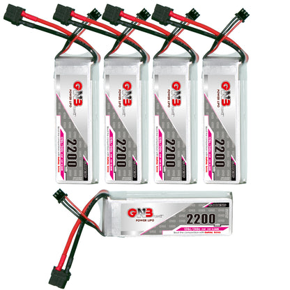 Set of five GNB 2200mAh LiPo batteries shown together, four upright and one horizontal