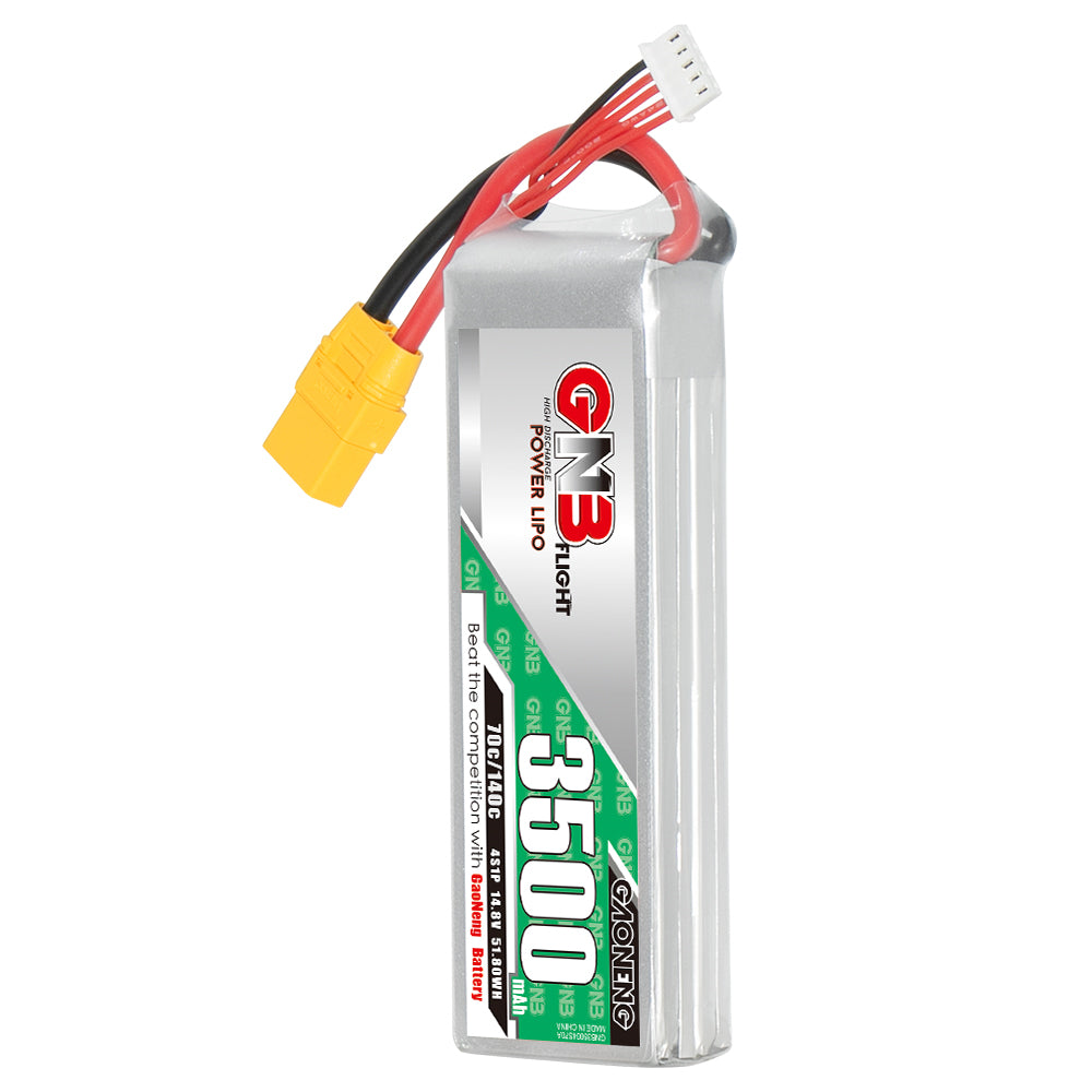 GNB 4S 3500mAh 70C LiPo battery 14.8V with XT90 connector and balance lead, upright view