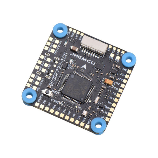 JHEMCU GF30F722-ICM F7 Flight Controller angled top view with ESC plug and solder pads