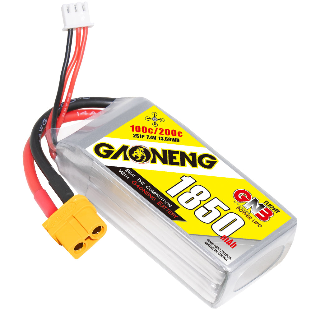 GAONENG GNB 2S 7.4V 1850mAh 100C LiPo battery angled view showing 1850 label, XT60 connector and balance plug