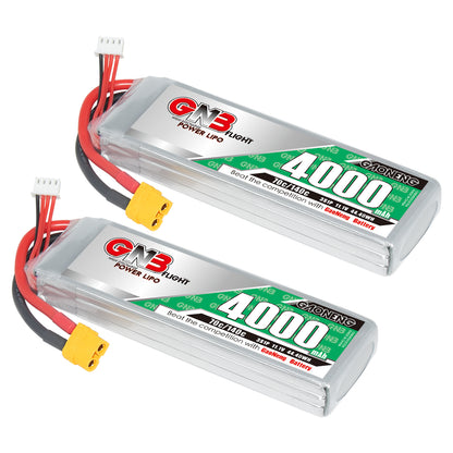 Two GAONENG GNB 4000mAh 3S LiPo battery packs shown with XT60 connectors and balance leads