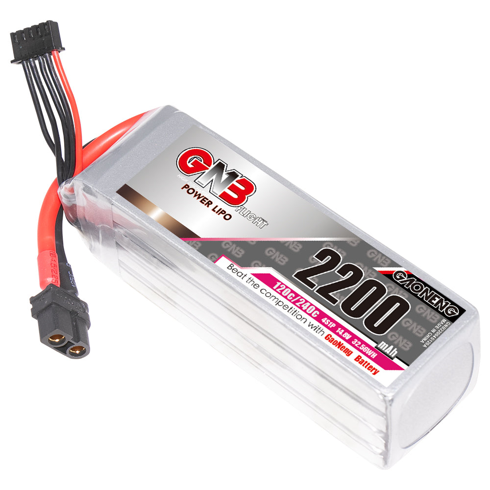 GAONENG GNB 2200mAh battery angled view showing front label, rounded end and XT60 connector