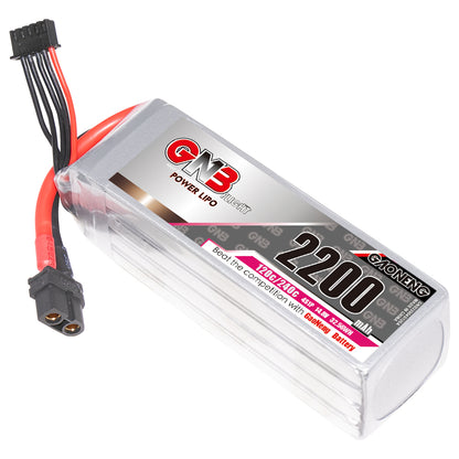 GAONENG GNB 2200mAh battery angled view showing front label, rounded end and XT60 connector