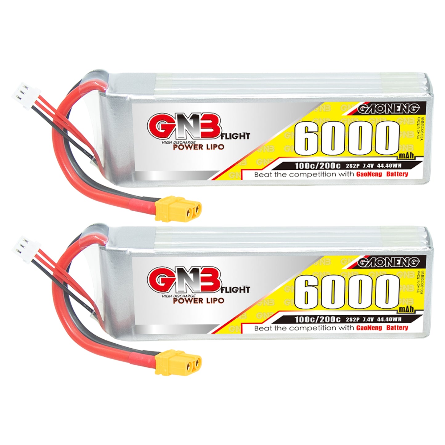 Two GNB 6000mAh 2S LiPo batteries shown side by side with XT60 connectors and balance plugs