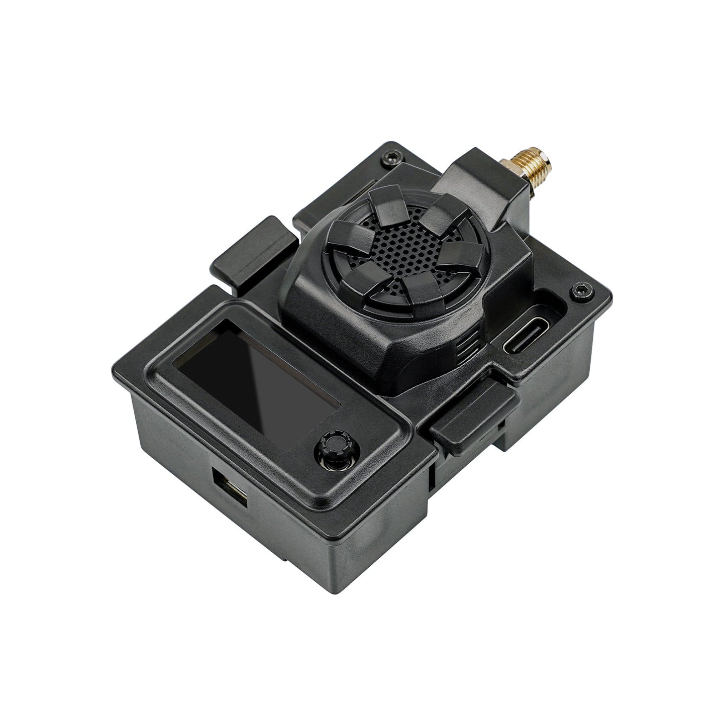 Black micro TX module angled view showing OLED screen window, control button and top housing