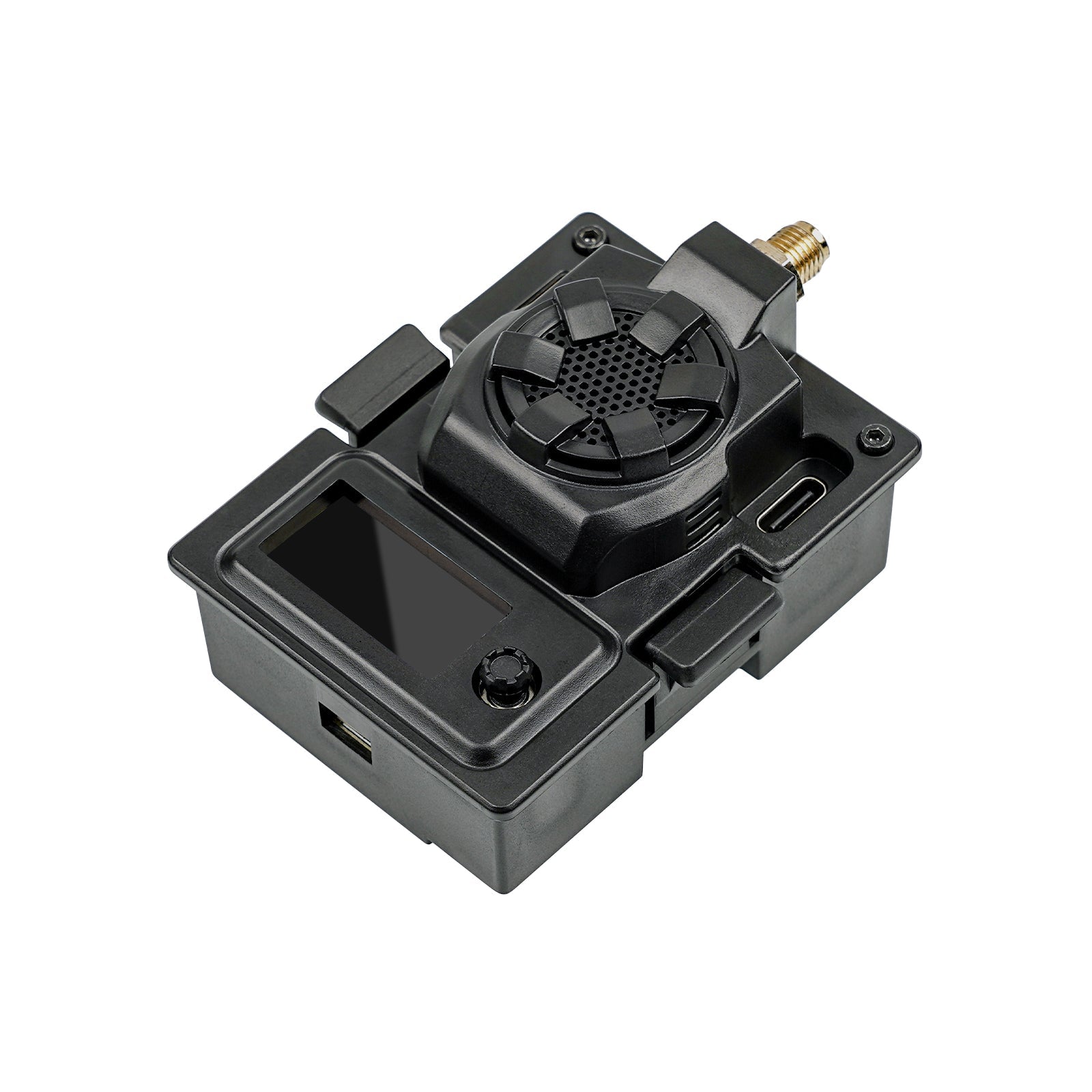 Black micro TX module angled view showing OLED screen window, control button and top housing
