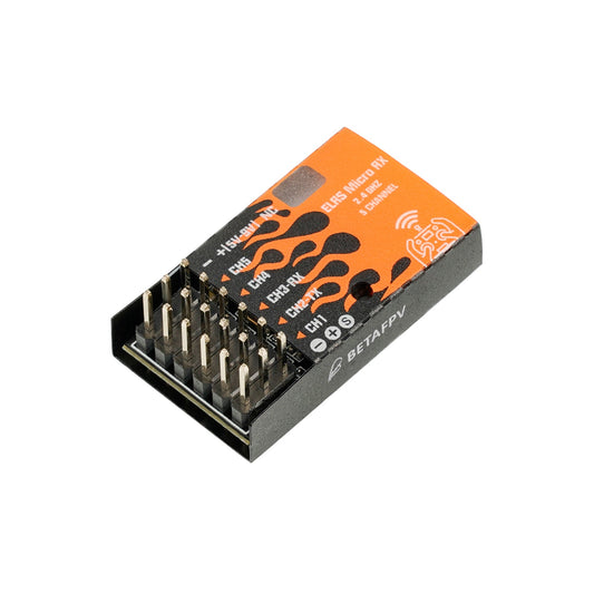 BETAFPV ELRS Micro Receiver close-up showing 8-pin header and orange top label
