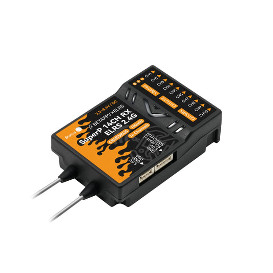 BETAFPV SuperP 14CH Diversity Receiver 2.4GHz ELRS, top view with dual antennas and channel legend