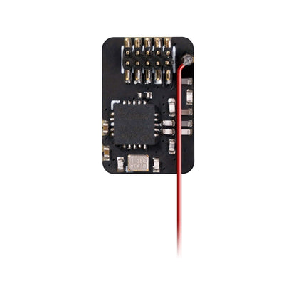 Receiver PCB component side showing IC chip, solder pads, pin header, and red antenna lead
