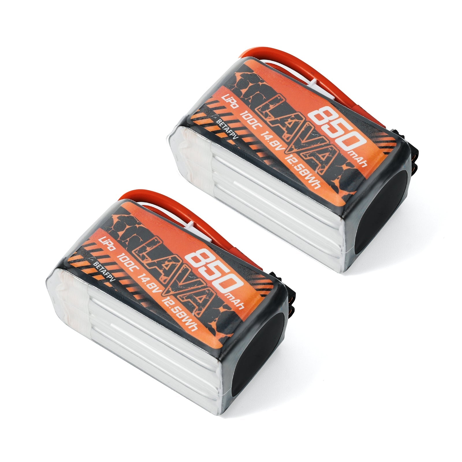 BetaFPV LAVA Series 4S 850mAh LiPo battery pack pair, angled top view showing 100C 14.8V label
