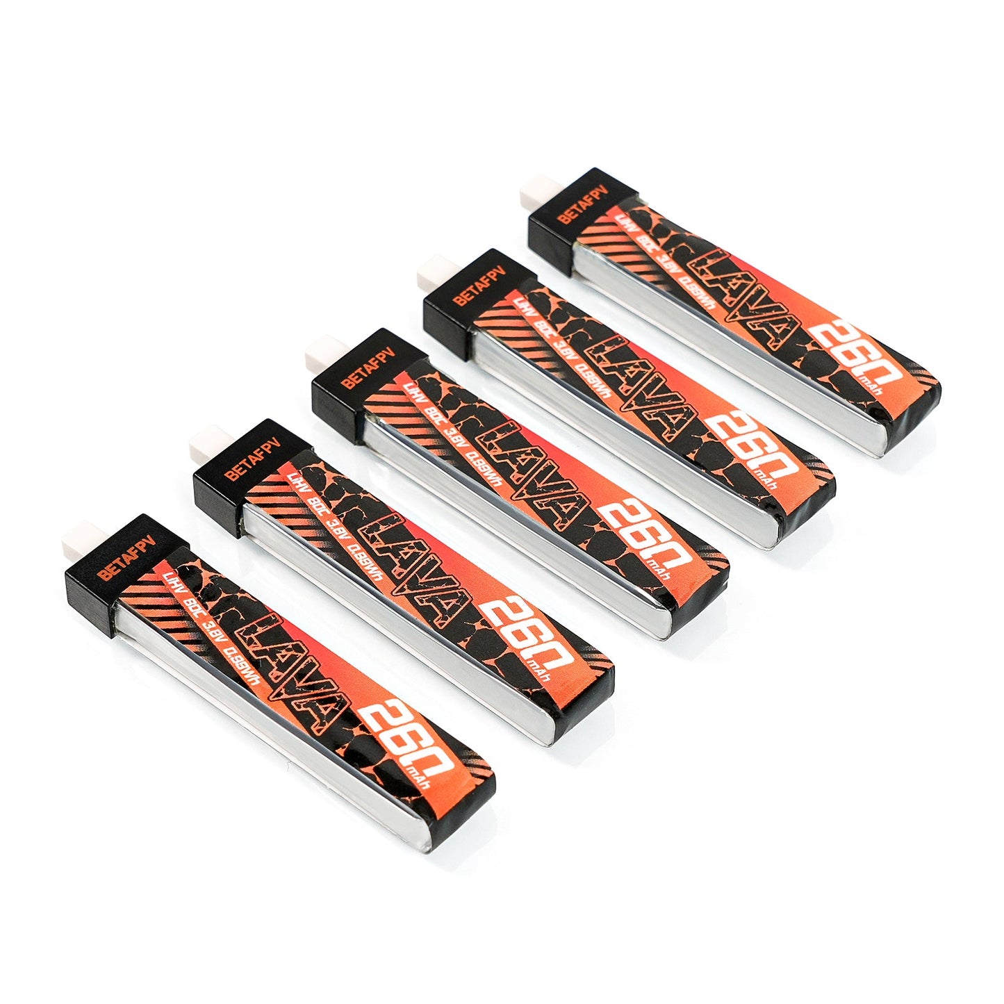 Five LAVA 260mAh 1S LiHV micro drone batteries, angled view showing foil sides and white connectors