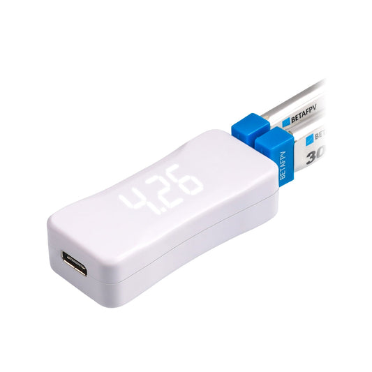BT2.0 Battery Charger angled view with LED voltage display and USB-C input port