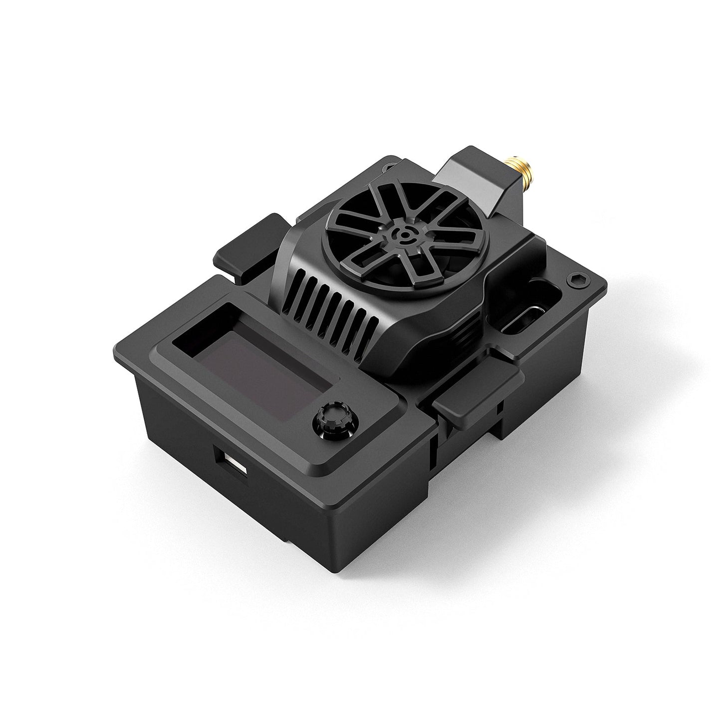 BETAFPV Micro TX V2 ELRS 915/868MHz 2W module with OLED screen and cooling fan, angled view