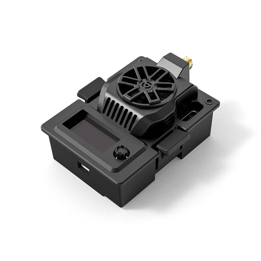 BETAFPV Micro TX V2 ELRS 915/868MHz 2W module with OLED screen and cooling fan, angled view