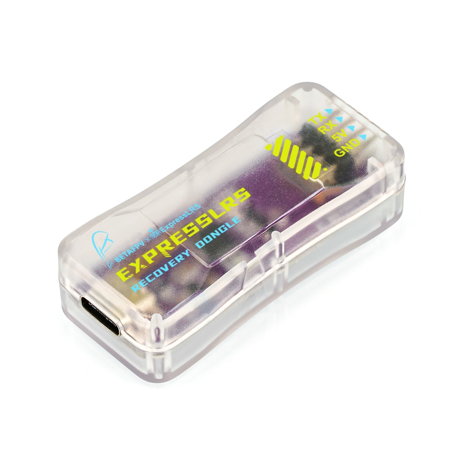 BETAFPV ExpressLRS recovery dongle CP2102 USB-C to TTL adapter in clear case, angled view