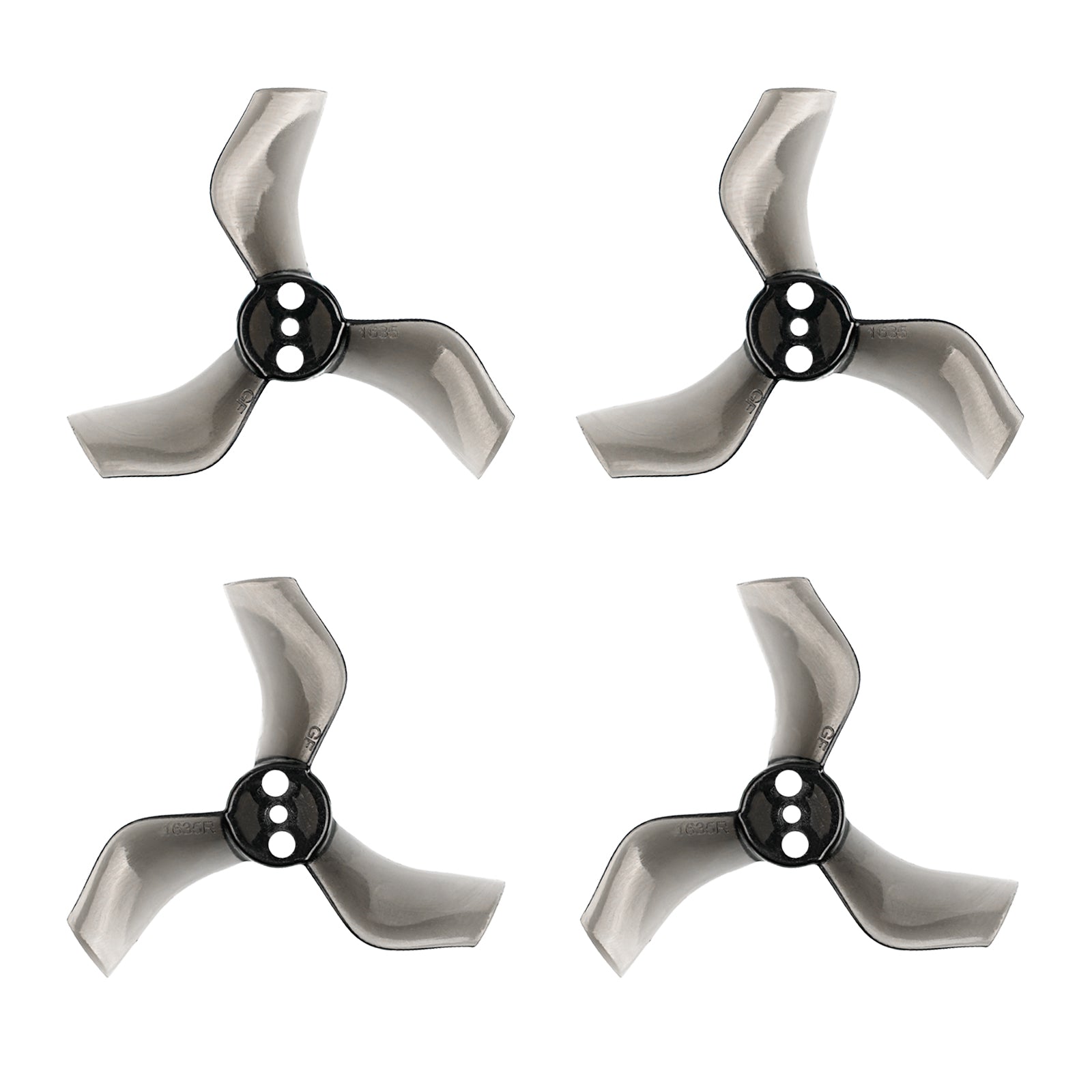Smoke gray 3-blade whoop propellers with black hub, four props displayed on white background