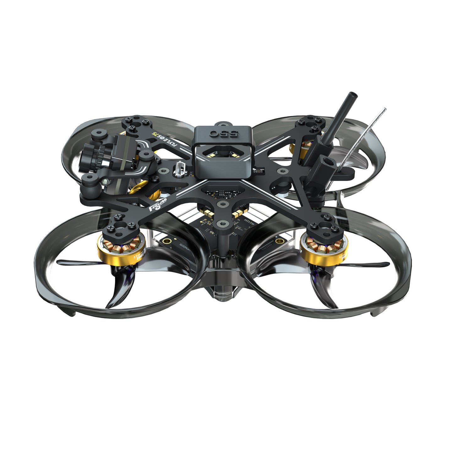 Flywoo FlyLens 75 HD FPV whoop drone with ducted prop guards, front camera, and rear antenna mount
