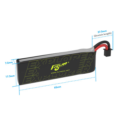 Flywoo Explorer 1S 750mAh HV V2 LiPo battery pack with lead and connector, 65mm x 17.3mm size