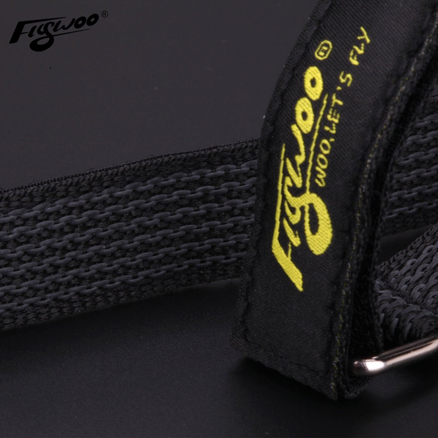 4pcs FLYWOO Kevlar Battery Strap, Close-up of a black Flywoo Kevlar battery strap with woven texture, yellow logo tag, and metal buckle