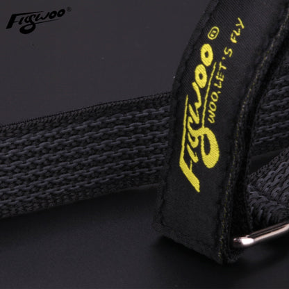 4pcs FLYWOO Kevlar Battery Strap, Close-up of a black Flywoo Kevlar battery strap with woven texture, yellow logo tag, and metal buckle