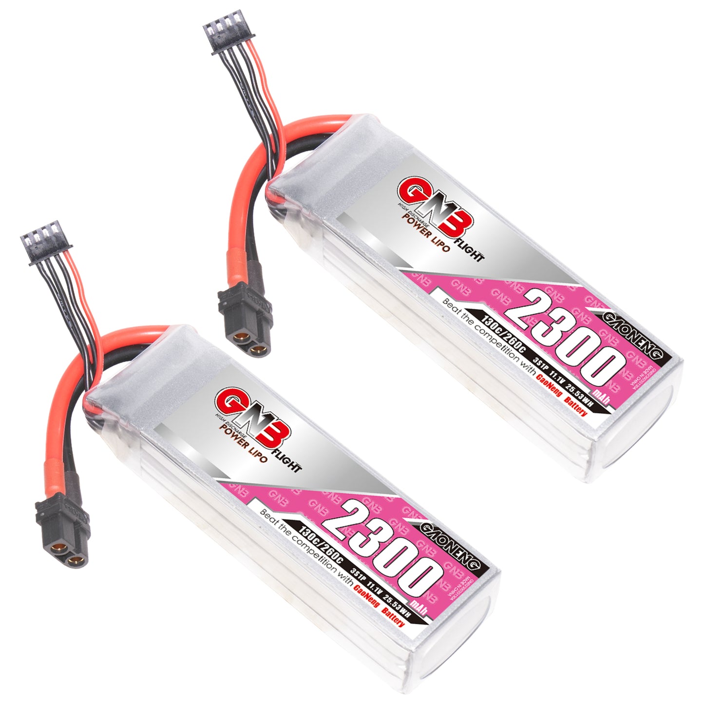 Two GAONENG GNB 2300mAh LiPo packs shown with XT60 leads and balance plugs