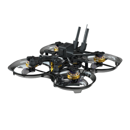 Flywoo FlyLens 75 O3 brushless whoop FPV drone frame with ducted prop guards, four motors, and dual antennas