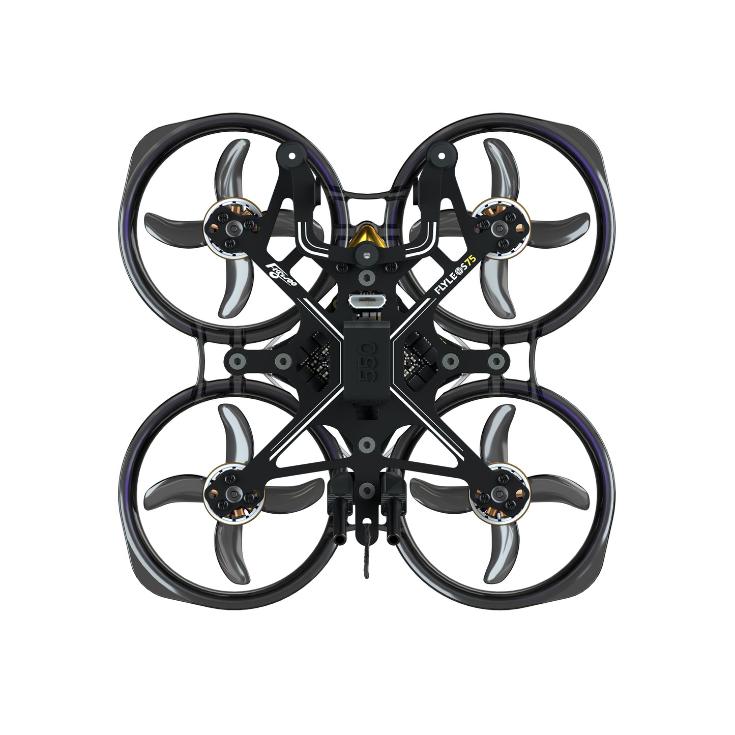 Top-down view of Flywoo FlyLens 75 ducted whoop FPV drone kit with four props and carbon frame
