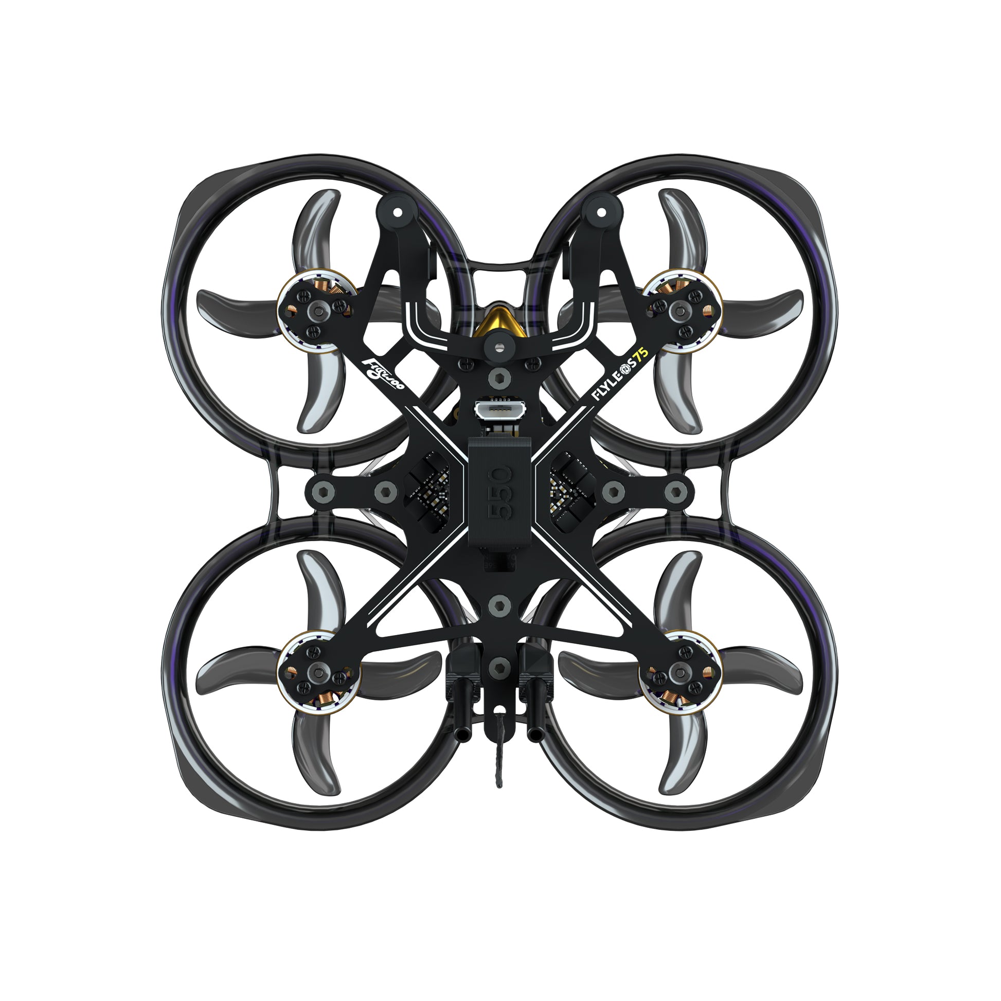 Top-down view of Flywoo FlyLens 75 ducted whoop FPV drone kit with four props and carbon frame