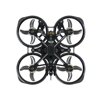 Top-down view of Flywoo FlyLens 75 ducted whoop FPV drone kit with four props and carbon frame