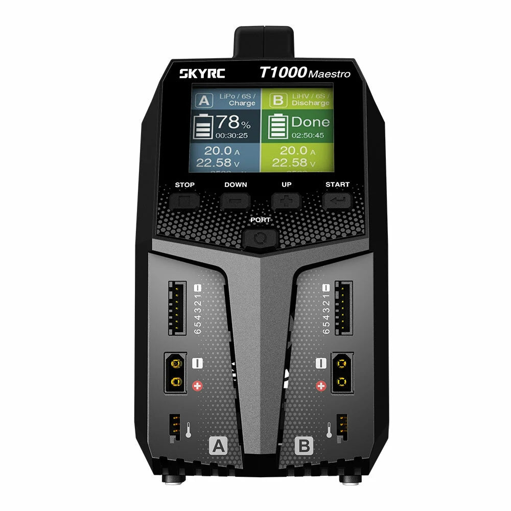SkyRC T1000 Maestro dual AC/DC balance LiPo charger with color screen, dual channels, and front balance ports
