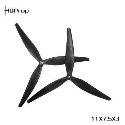 HQProp 11x7.5x3 size graphic showing two black 3-blade HQ MacroQuad propellers
