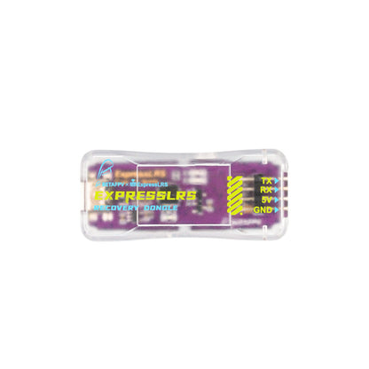 Top view of ExpressLRS Recovery Dongle in transparent housing with TX RX 5V GND pin labels