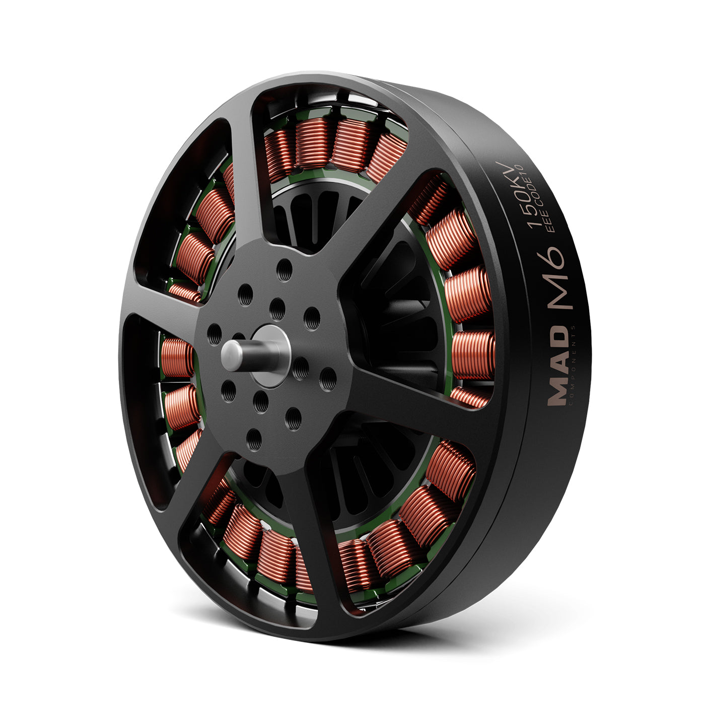 MAD Antimatter M6C10 EEE V2.0 drone motor with black housing, exposed copper windings, and center shaft