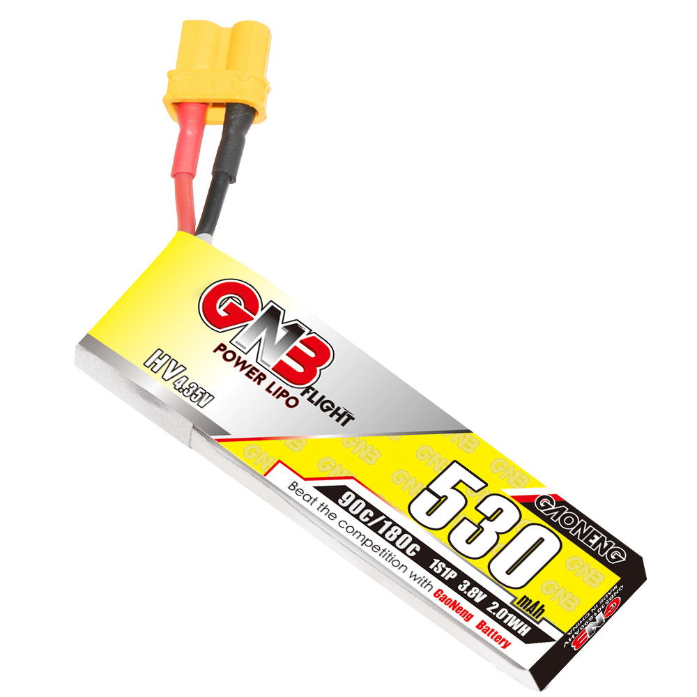 GAONENG GNB 1S LiHV LiPo Battery 530mAh 3.8V 90C with yellow XT30 connector, angled view
