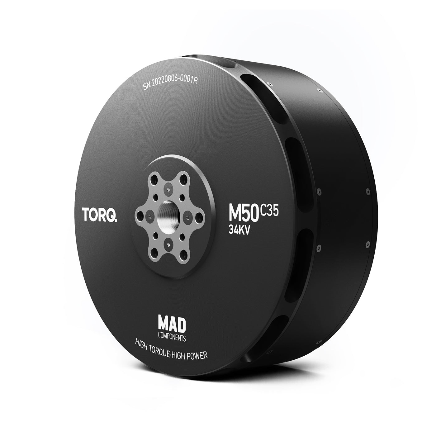 MAD M50C35 PRO IPE Manned Drone Motor, MAD TORQ M50C35 34KV drone motor with enclosed black housing and multi-hole mounting hub