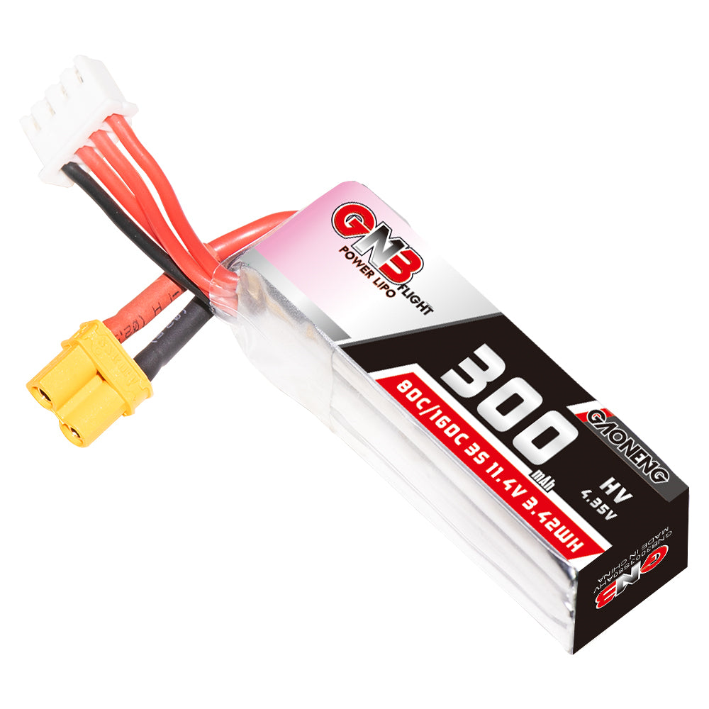 Single GAONENG GNB 300mAh 3S 11.4V LiHV LiPo battery, 80C, with XT30 plug and white balance connector