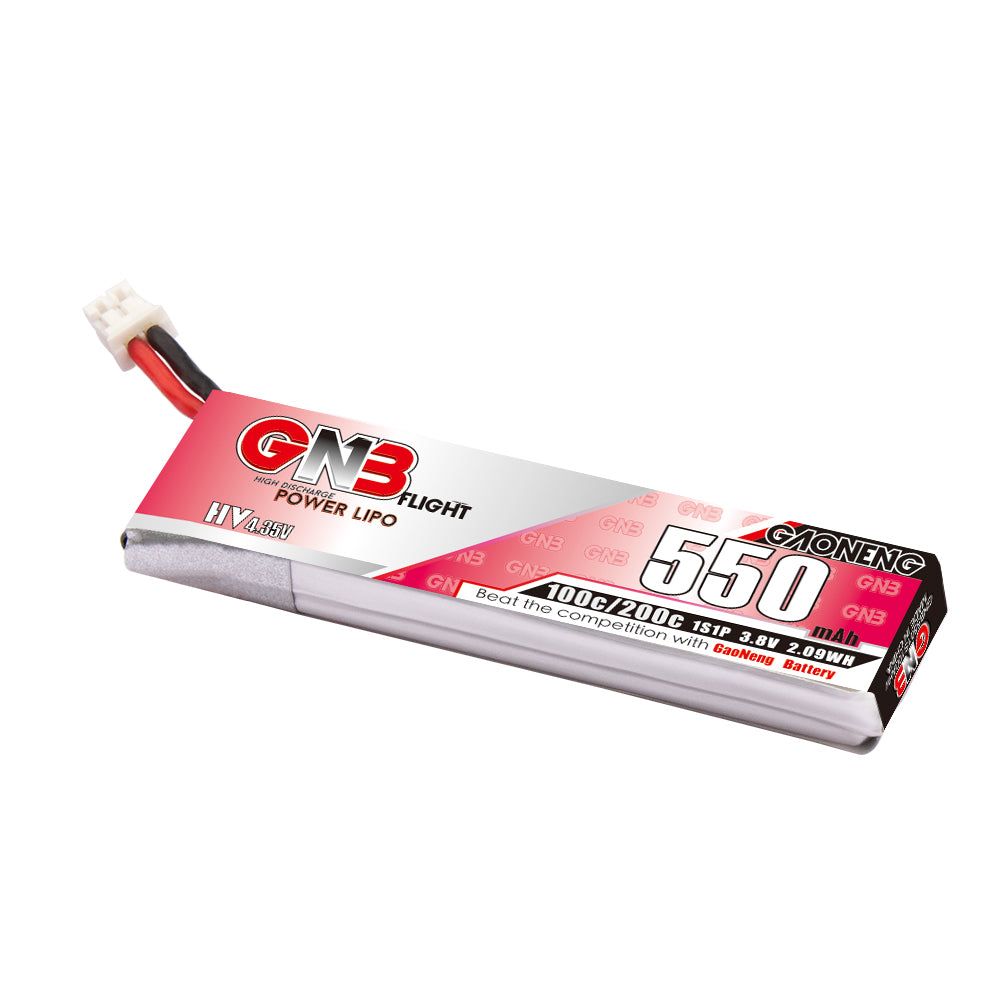 GAONENG GNB550 1S LiHV 3.8V 550mAh 100C LiPo battery with PH2.0 cable, angled view