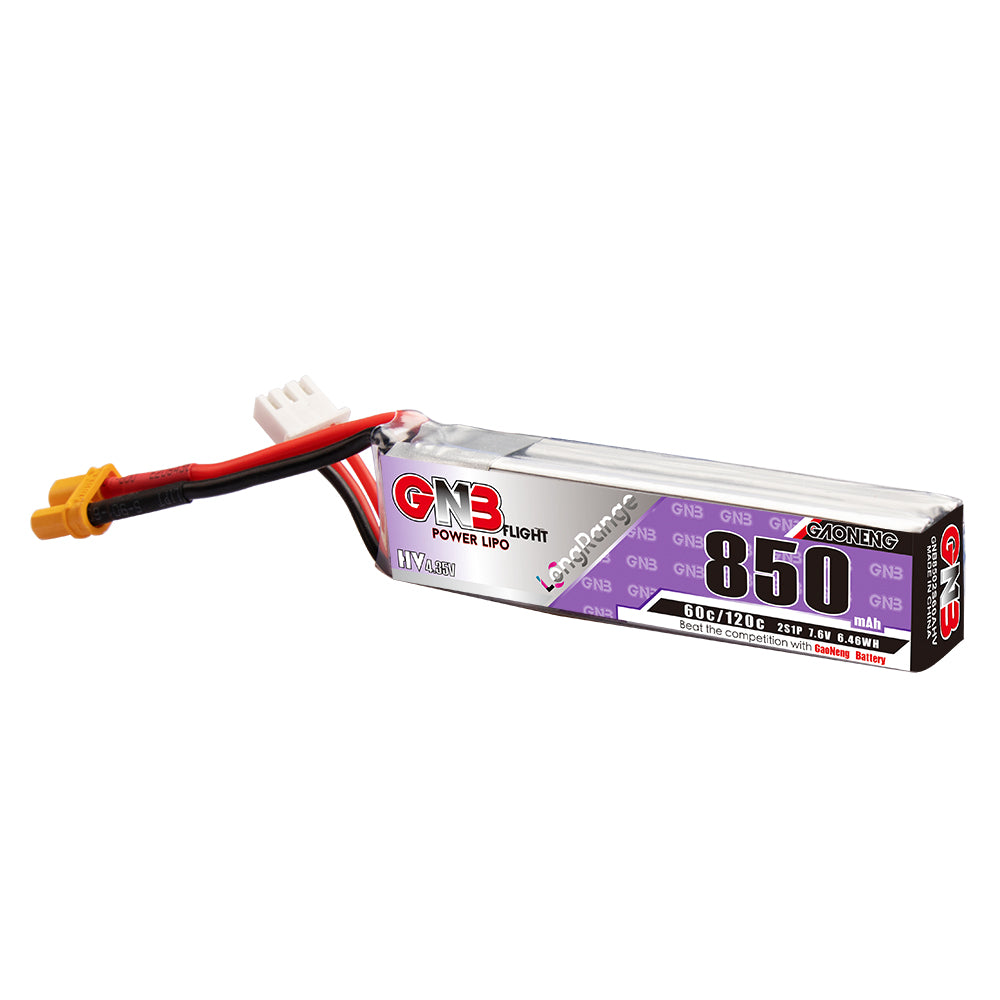 Single GNB 850mAh 2S LiHV battery angled view with XT30 connector and balance plug