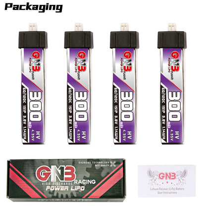 Packaging contents: four GNB 300mAh LiHV 1S batteries, GNB Racing Power LiPo box, and manual card